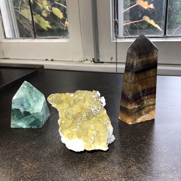 Fluorite Energy Trio: Green, Yellow, & Purple Banded Crystals for Calm & Energy - Picture 1 of 11